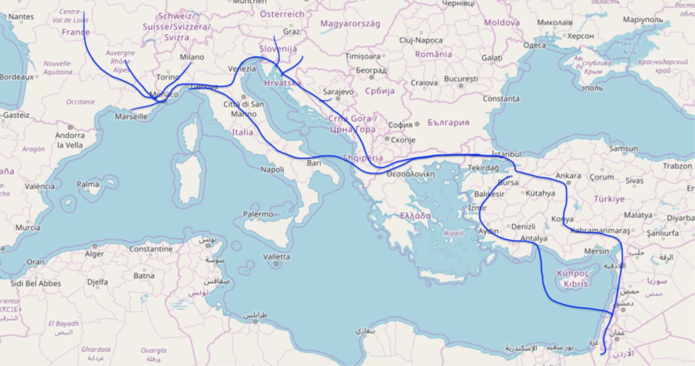 Tracé de l'itinéraire de la Route de Jérusalem